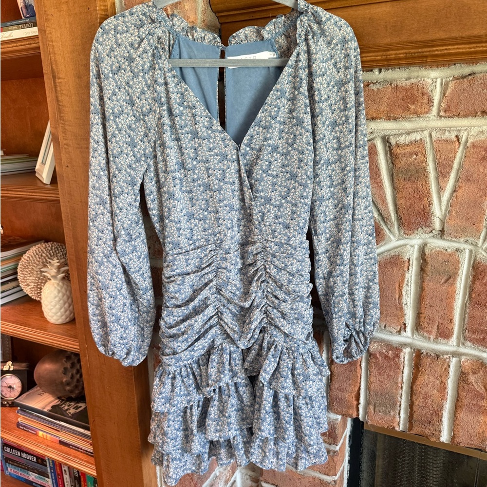Astr Blue Floral Dress with Ruffle Accents